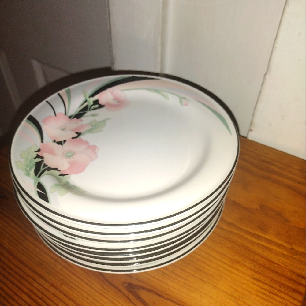 Vintage Sango Jolie Korean Made China 8 Salad Plates Rose Floral Pattern